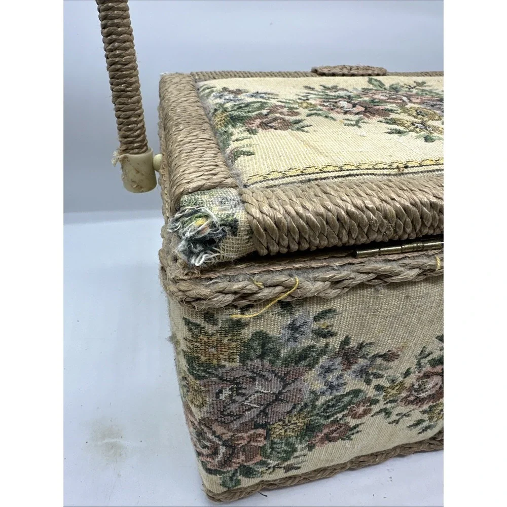 Tapestry Floral Woven  Sewing Basket Box Azar Made In Taiwan  Vintage